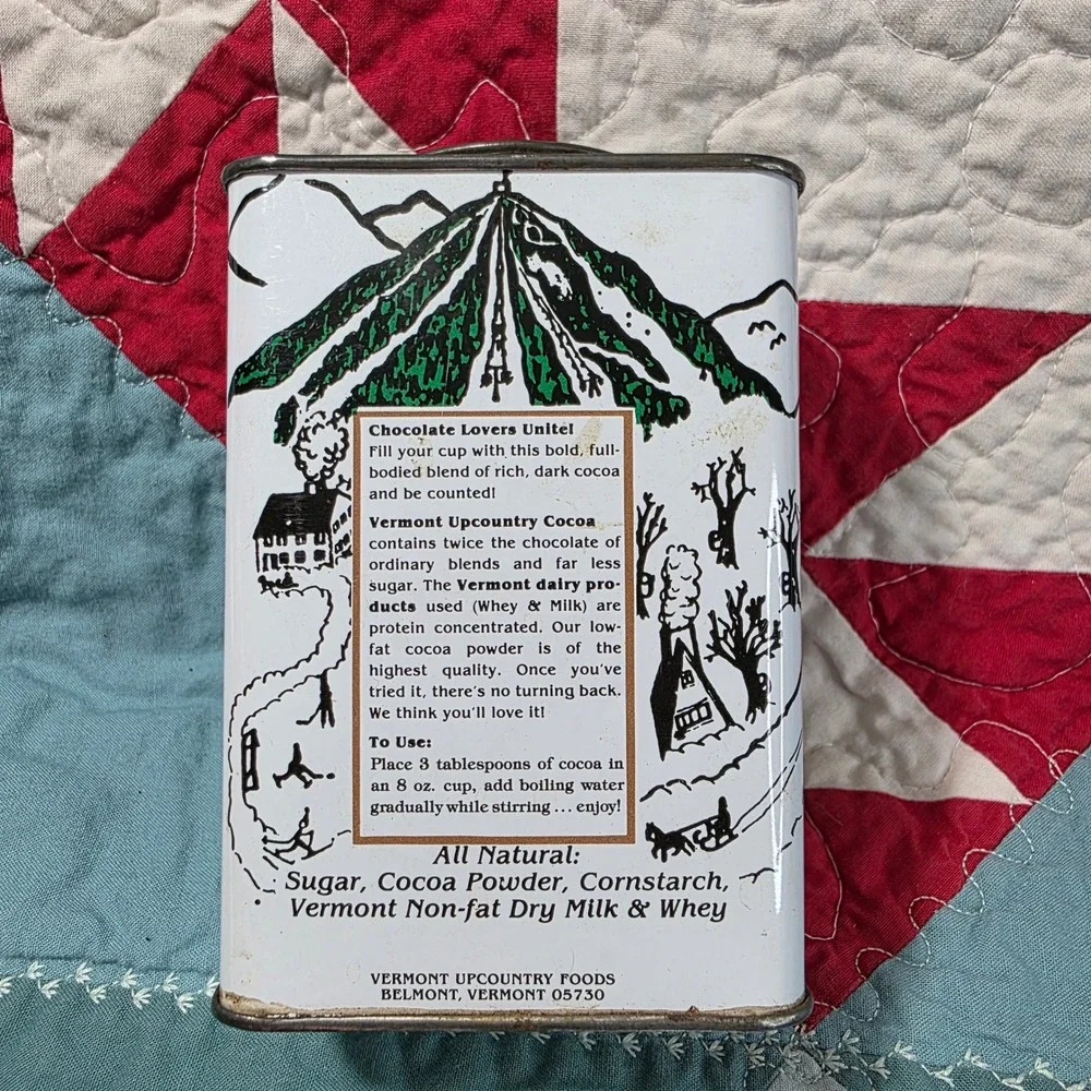 Vermont Upcountry Cocoa Tin Small White Vintage Ski Village Graphic